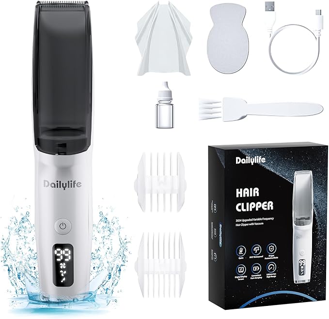 DAILYLIFE Baby Hair Clippers, Quiet Calming Clippers for Autistic Children, Vacuum Baby Hair Cutting Kit, Cordless Rechargeable Waterproof Kids Hair Trimmer with 2 Guide Combs