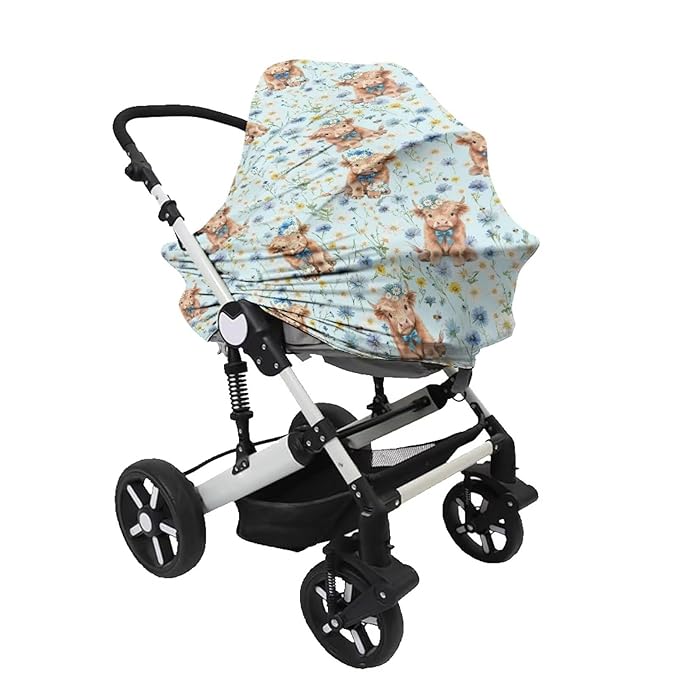 Binienty Blue Floral Baby Stuff Car Seat Covers, Highland Cow Print Multi Use Baby Nursing Scarf for Women Mom Multi-use Breastfeeding Carseat CanopyInfant Stroller Covers