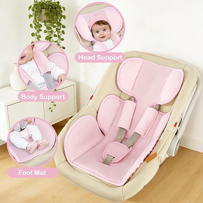 Hooyax Infant Car Seat Insert with Ultra-Thick Head Support - Universal 3-in-1 Baby Car Seat Cushion Set, Dual-Sided Newborn Carseat Insert for Carseat, Stroller, Bouncer, Swing(Pink)