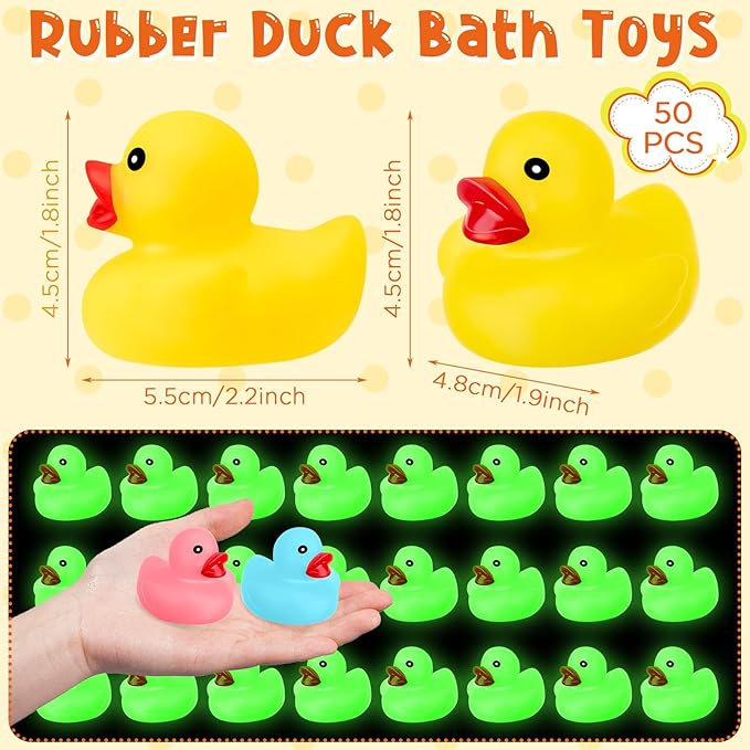 50 Pcs Glow in The Dark Rubber Ducks 2.2'' Luminous Mini Rubber Duck Fluorescent Tiny Light up Floating Squeaky Bathtub Toys for Baby Showers Summer Beach Pool Party Games (Colorful)
