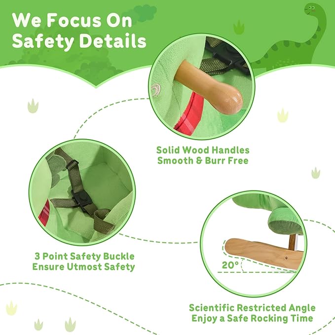 FUNLIO Dino Rocking Horse for Toddlers 1-3 Years, Premium Green Plush Rocking Dino with Soft Spikes, Big Eyes & Lovely Smile, Vibrant Colors & Realistic Scales, Easy to Assemble, CPC & CE Certified