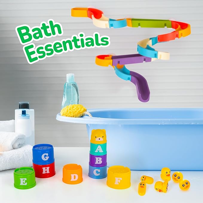 ArtCreativity 29 PCS Duck Bathtub Slide Toys, Toddler Bath Tub Water Toy Set with Bonus Stacking Cups, Lights & Sounds - Fun Birthday Gift for Boys & Girls, Kids Shower Toy and Pool Accessories