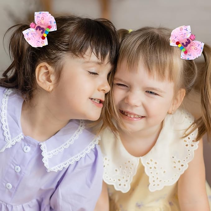 Birthday Hair Bow for Baby Girls 1 2 3 4 5 6 Year Old Sprinkle Hair Clips Happy Birthday Decorations for Girls Toddlers With Pom-Poms Ice Cream Candy Party Pink Hair Accessories for 3rd Sweet Party