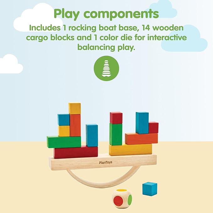 PlanToys® Balancing Cargo Game | Wooden Balance Toy for Toddlers 3Y+ | Develops Hand-Eye Coordination, Problem-Solving & Logical Thinking | Interactive Toy with 14 Blocks & Die