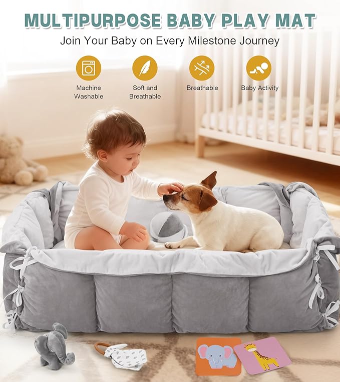 5-in-1 Baby Play Gym and Tummy Time Mat, 12 Learning Cards, Plush Activity Mat with 6 Toys, Baby Gym, Convertible to Ball Pit, Baby Gift, Grey