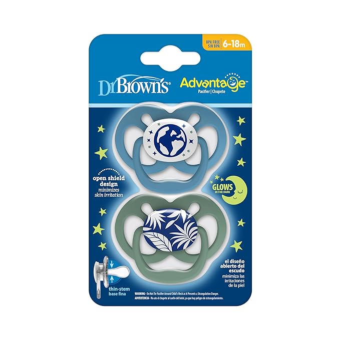 Dr. Brown's Advantage Baby Pacifier, Fully Symmetrical Soother with Soft Silicone Bulb, Glow-in-The-Dark Blue Nature-Purple Nature, 6-18m, BPA-Free, 6-Pack