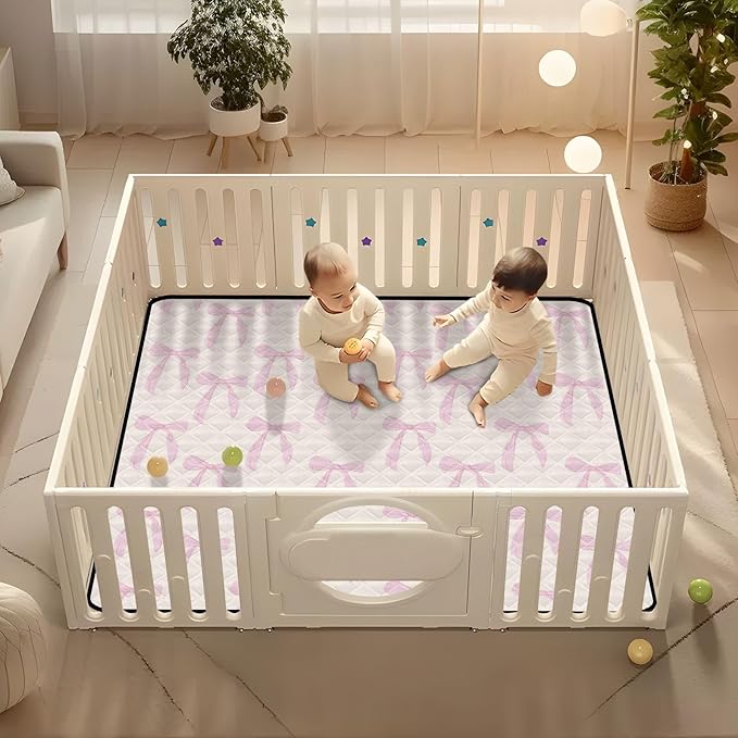Baby Play Mat Coquette Bows Cute Pink 50 x 50 Playpen Mat Baby Play Mats for Floor Play Gym Crawling Mat Non-Slip Cushioned Baby Playmat for Infants, Babies, Toddlers