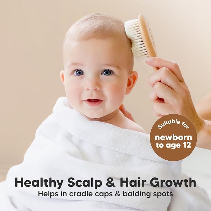 Wooden Baby Hair Brush for Toddler Girls, Boys - Cradle Cap Brush for Babies, Soft Goat Bristles, Perfect Gentle Scalp Newborn Comb for Infant, Girls, Boys, Bath Essentials(Walnut, Petite)