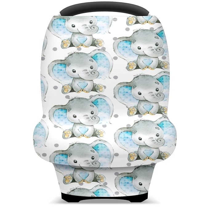 FCZ Baby Car Seat & Stroller Covers - Elephant Jungle Nursing Cover - Breathable Cotton - White/Blue - Not Water Resistant