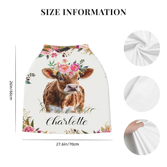 Personalized Cow Baby Car Seat Cover with Name,Multi-Use Canopy for Nursing, Strollers,Shopping Carts,Customized Breastfeeding Cover, Full Privacy,Infant Stroller Cover