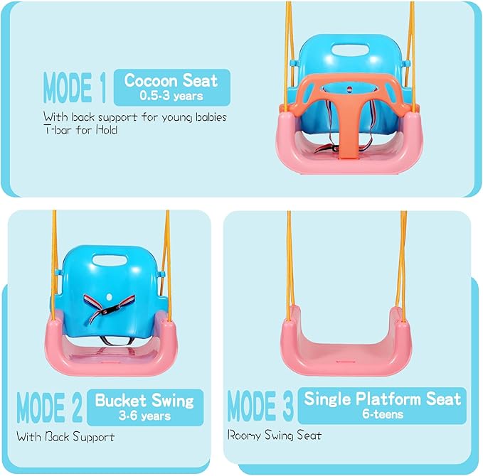 RedSwing 3-in-1 Baby Swing Seat, Toddler Swings, Anti-Flip Snug & Secure Detachable Infants to Teens Kids Swing Seat for Outside Playground, Pink Orange Blue