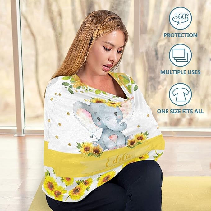 Personalized Baby Car Seat Cover for Boy Girl, Custom Nursing Covers for Breastfeeding with Name, Infant Stroller Cover, Baby Carseat Canopy for Newborn, Multiuse Car Seat Canopies, Sunflower Elephant
