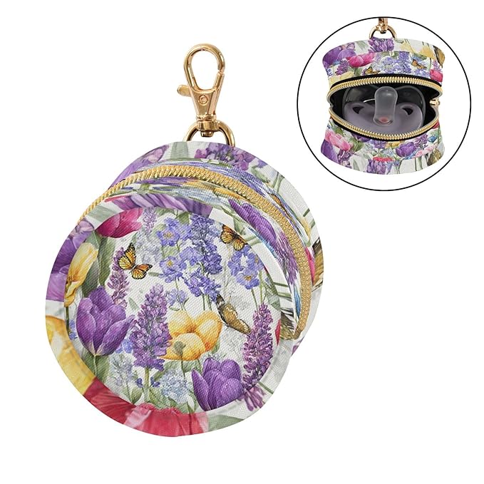 Pacifier Holder with Clip Pacifier Case for Diaper Bag Round Baby Pacifier Pouch Box Bag Portable Tulips Lavenders Purple Butterfly