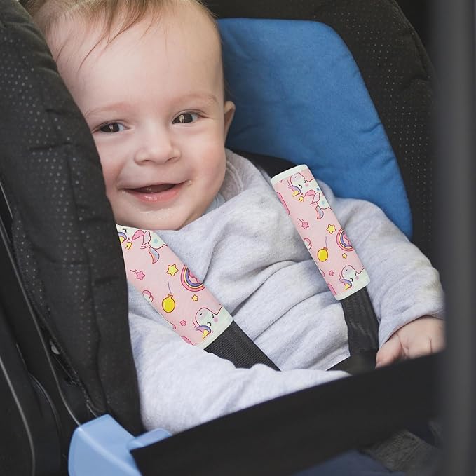 Baby Strap Cover for Children, 2 Pcs Infant Car Seat Belt Cover Pad, Neck Pad Protector for Kids Newborn Toddlers (Pink Unicorn)