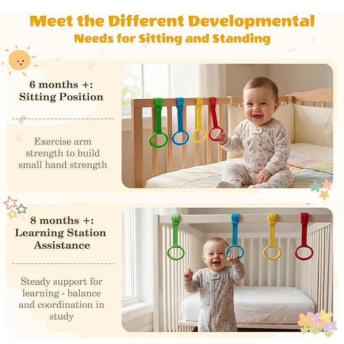 8Pcs Baby Playpen Pull up Rings, Premium Baby Pull up Rings for Play Pen Standing up, Plastic Safety Walking Exercises Assistant Rings for Infants Babies Toddler, 4 Colors.