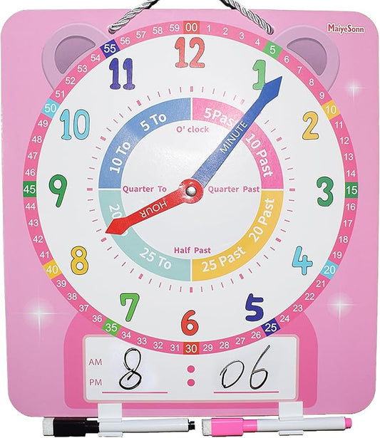 Teaching Clocks for Kids, Large Magnetic Writable Dry Erase Learning Clock with Pen,12" Teaching Demonstration Clock Learning Time to Tell Time for Kids Home School Classroom Supplies-Pink