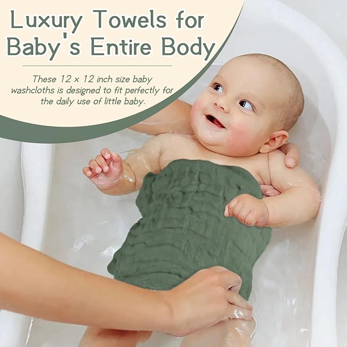 MUKIN Baby Washcloths, Muslin Cotton Face Cloths, Newborn Soft Absorbent Bath Wipes, Burp Cloths or Towels, Pack of 6, 12x12 inches (White,Dark Gray,Tea Green)
