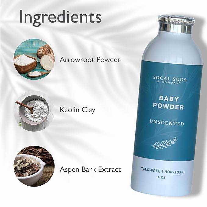 SoCal Suds & Company - Natural Baby Powder Talc-Free - Newborn Essentials with Arrowroot Powder, Kaolin, Aspen Bark Extract for Soft Soothing Protected Skin - Gentle Absorption - Fragrance Free, 4oz