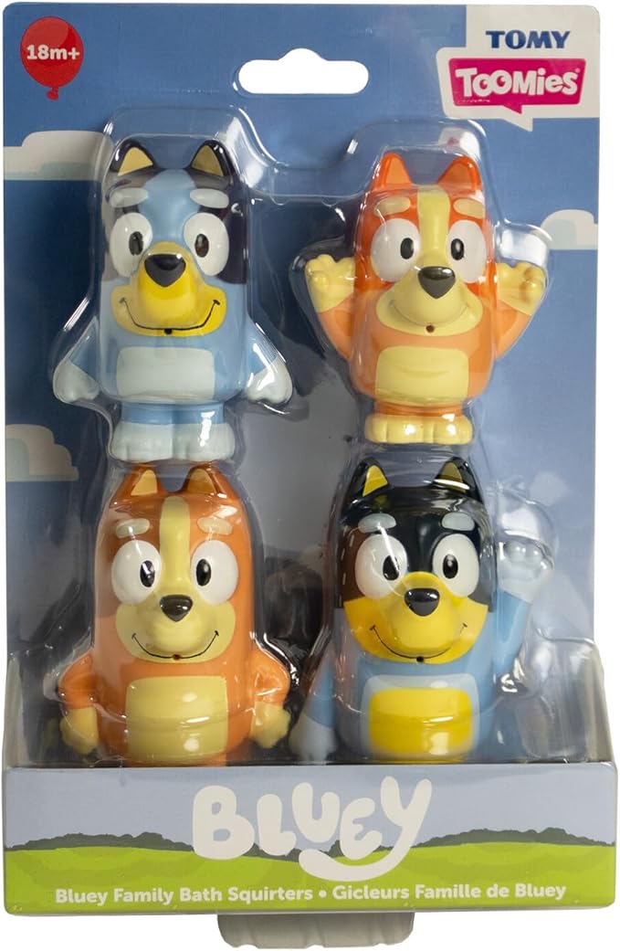 TOMY Toomies Bluey Bath Toy Squirters - Includes Bandit, Chilli, Bingo, and Bluey Figures – Toddler Water Toys for Pool or Bathtub Play - Toddler Toys Ages 18 Months and Up