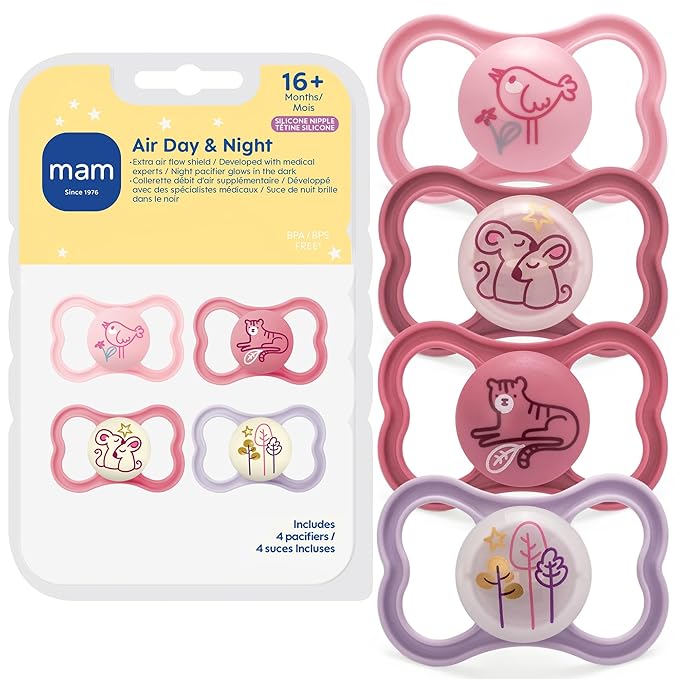 MAM Air Pacifier for Babies 16+ Months, Extra Air Flow for Sensitive Skin, Glows in The Dark, Developed with Medical Experts, BPA-Free Skin Soft Silicone, 4 Count, Made in Europe