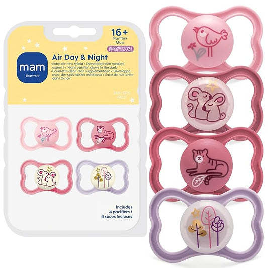 MAM Air Pacifier for Babies 16+ Months, Extra Air Flow for Sensitive Skin, Glows in The Dark, Developed with Medical Experts, BPA-Free Skin Soft Silicone, 4 Count, Made in Europe