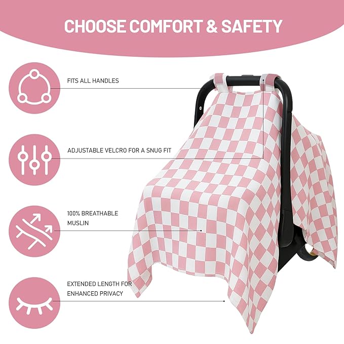 Muslin Car Seat Cover for Babies - Pink & White Plaid Infant Carrier Canopy, Soft & Breathable Baby Carseat Cover, Lightweight Sunshade for Summer, Universal Fit for Boys & Girls