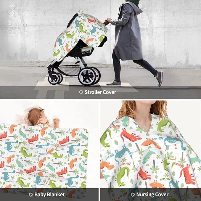 Personalized Car Seat Covers for Babies Boys, Customized Dinosaur Baby Carseat Cover with Name, Custom Baby Carrier Covers, Nursing Cover Breastfeeding Scarf Stroller Canopy for Infant Newborn