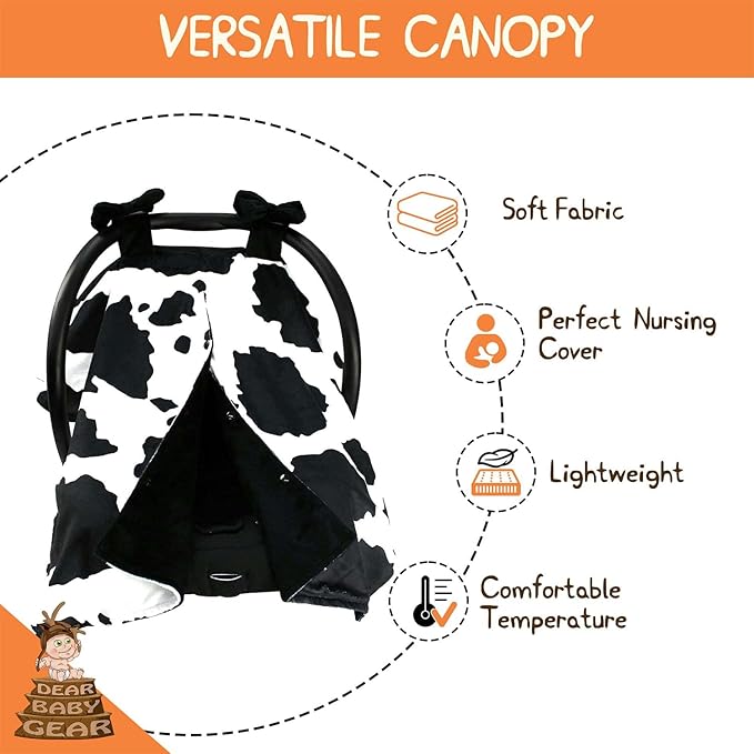 Dear Baby Gear Car Seat Cover for Boys & Girls - Baby Carseat Canopy w/Snap Opening - Infant Seat Cover -Nursing Covers - Newborn Carrier Canopy - 40x30" (Black and White Holstein Cow with Bows)