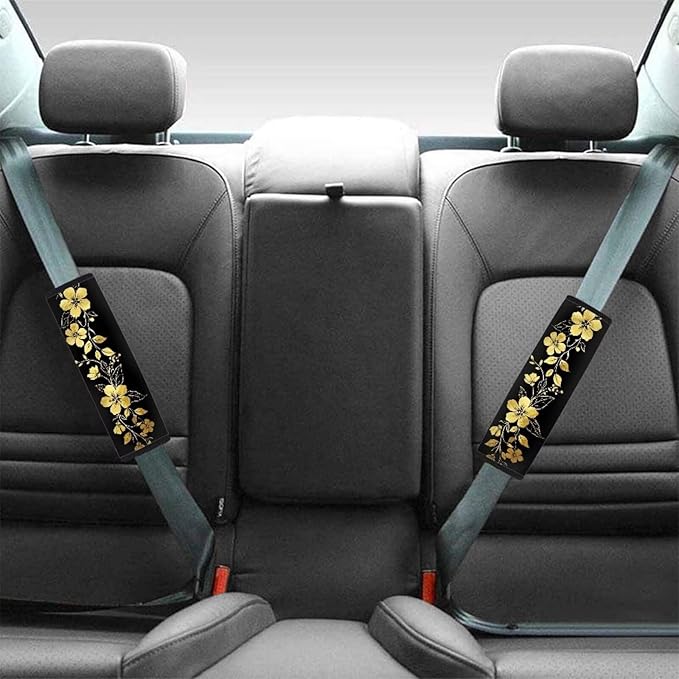 AFPANQZ Golden Floral Seat Belt Cover Pads Cushion Universal Fit Safety Seatbelt Pillow Head and Neck Support Adjustable Driver Shoulder Protection Luggage Bag Strap Pad