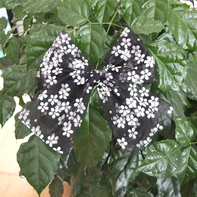 Large Tulle Bow Hair Clips for Baby Girls - Lace Hair Bow Women Cottagecore Lightweight Gauze Hair Barrettes Accessories (Black and White Gold Foil)