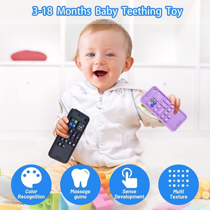 Soft Silicone Baby Cell Phone Teethers | Teething Toys 0-12 Months | Infant Teether for Breastfeeding Baby Boy Girl (Black)
