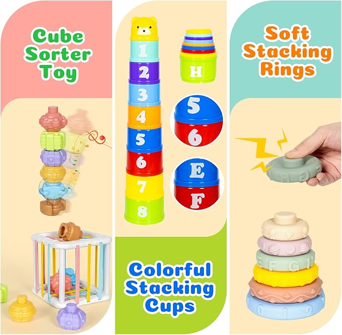 6 in 1 Montessori Toys for Babies Newborn Stacking Block Soft Infant Ring Shape Learning Sensory Bin Pull String Teething Toy Tissue Box for Toddlers 18M+ 2 3 Year Old Boy Girl Gift