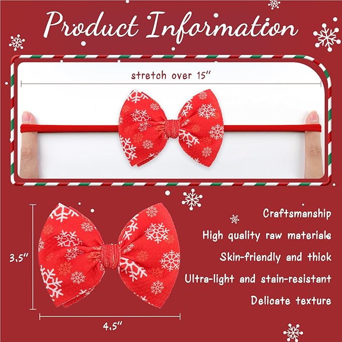 YanJie Christmas Baby Headbands Newborns Bows Red Green Printed Snowflake Baby Bows Nylon Headband Toddler Infant Hairbands Cheer Bow Christmas Gift