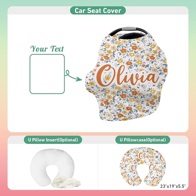 Personalised Car Seat Cover for Babies - Multi-use Carseat Canopy Cover with Name, Car Seat Covers, Christmas Birthday Gifts for Infant Boys and Girls Orange Flower Pattern