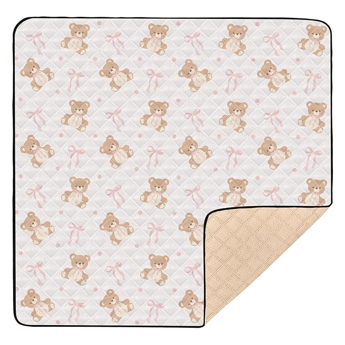 Baby Play Mat Animal Bear Pink Ribbon Bow 50 x 50 Playpen Mat Baby Play Mats for Floor Play Gym Crawling Mat Non-Slip Cushioned Baby Playmat for Infants, Babies, Toddlers