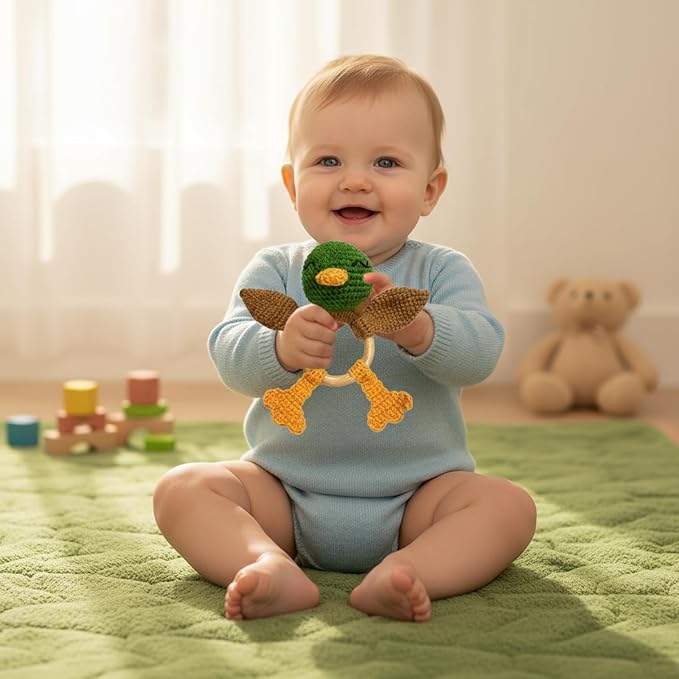 Wooden Baby Rattle for Boys and Girls, Crochet Stuffed Animal for Newborn, 3 4 5 6 Month Toys, Mallard Duck