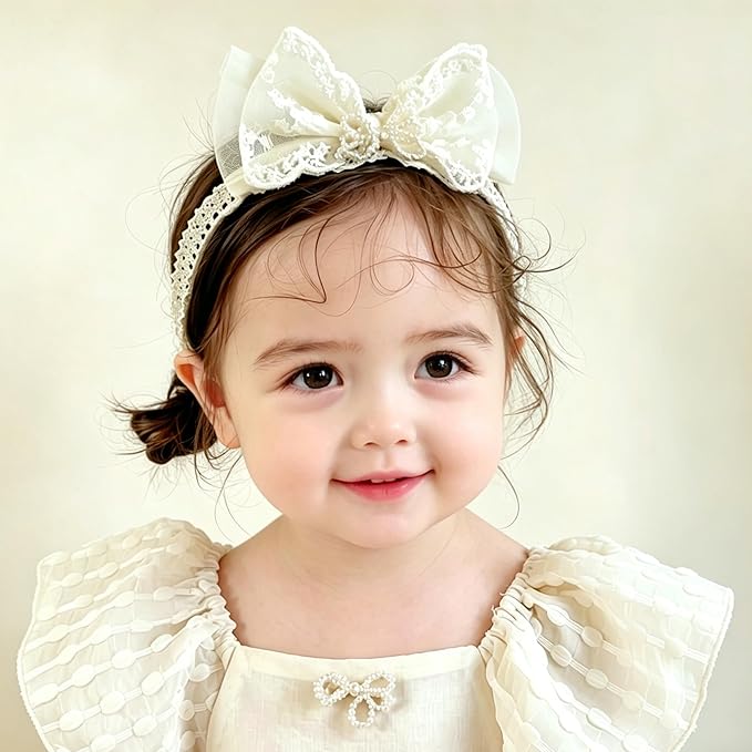 Baby Girls Bow Lace Headband Cute Soft Hairband White Butterfly Knot Headbands for Newborn Infants Toddlers Kids Christening Baptism Birthday Party Hair Accessories（Beige C）
