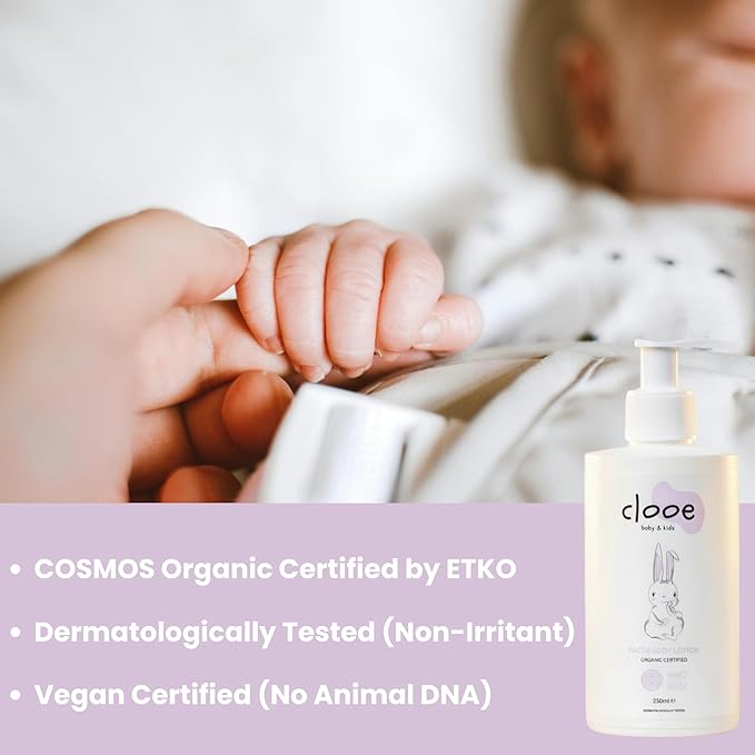 Certified Organic Baby Lotion, 8.45 fl oz (250 mL), Face & Body Moisturizer for Babies, Kids & Sensitive Skin, Vegan, Dermatologically Tested, Fast-Absorbing, Non-Greasy