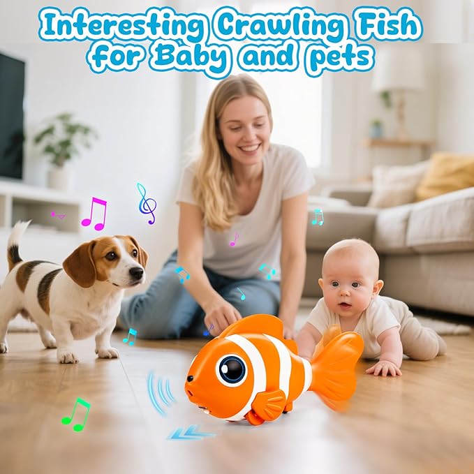 Crawling Fish Baby Toys, Novelty Tummy Time Toys for Babies 6-12 Months, Magic Swinging Fish Crawling Toys for Infant Toddler Learning Crawl Walking Dancing Easter Basket Stuffers 1st Birthday Gift