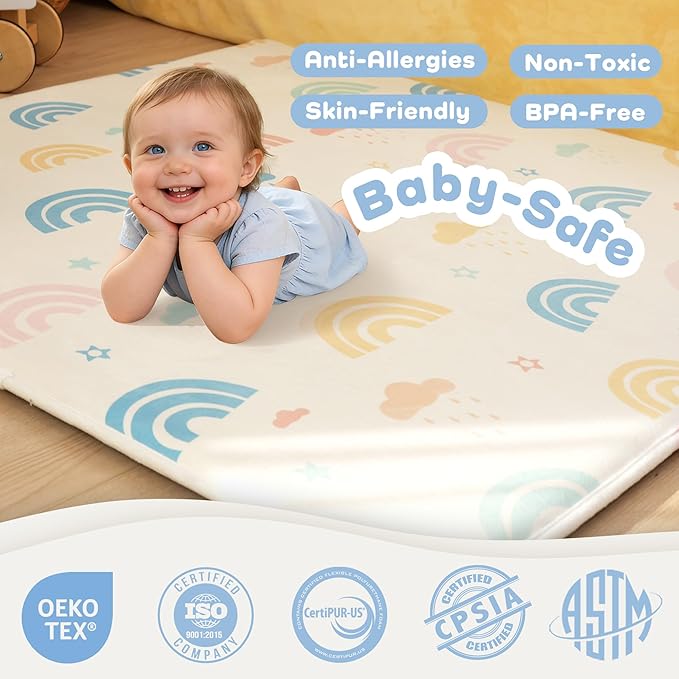 Premium Soft 1.5" Thick Baby Play Mat, Large 50" x 50" Memory Foam Floor Mat for Crawling, Non Slip Safe Babies & Toddlers Activity Mat for Nursery/Playroom (Rainbow Macaron)