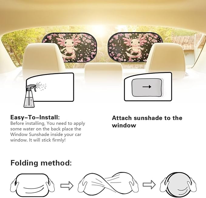 Bulopur Axolotl Cherry Blossom Car Window Shades 2 Pack Baby Window Shades Easy to Install Car Sun Shade Side Windshield Sun Protection and Blocker for Most Vehicle, SUV, Truck