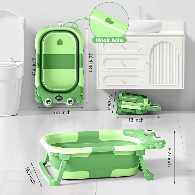 Collapsible Baby Bathtub for Newborns with Thermometer and Soft Floating Cushion Portable and Foldable Travel Baby Bath Tub for Infants to Toddler 0-36 Month(Dark Green)