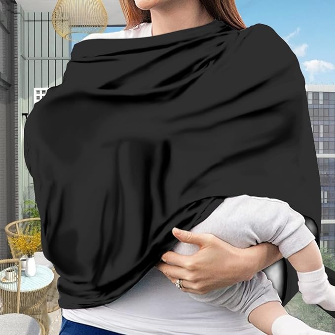 Solid Color Car Seat Nursing Breastfeeding Cover, Multi Use Cover Cozy Carseat Canopy Cover, Infant Babies Stroller Cover,Ultra Soft Stretchy Nurse Gifts - Black Breastfeeding Cover
