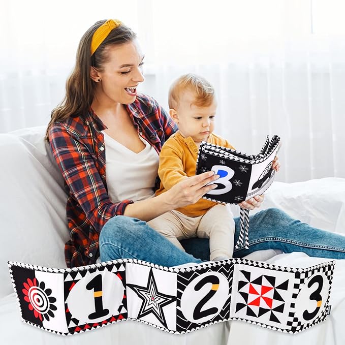 Vicloon Black and White High Contrast Baby Toys, Soft Baby Book for Newborn 0-3-6-12 Months, Infant Tummy Time Toys, Early Education Sensory Toys, Visual Stimulation Folding Cloth Book for Boys Girls