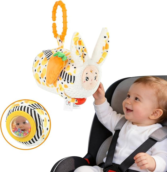 Hanging Bunny Baby Toy Cube for Car Seat, Infant Sensory Toys 0 6 12 Months for Plane Travel Game Activity with Rattle Crinkle Squeaky Textures, Montessori Plush Toys Newborn Baby Girl Boy Gifts