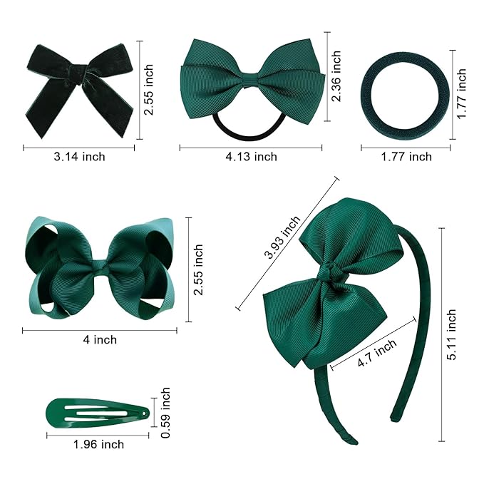 DEEKA Dark Green Uniform 15 Pieces Hair Accessories Set - Hair Bows, Hair Clips, Headband, Hair Ties for Little Toddler School Girls