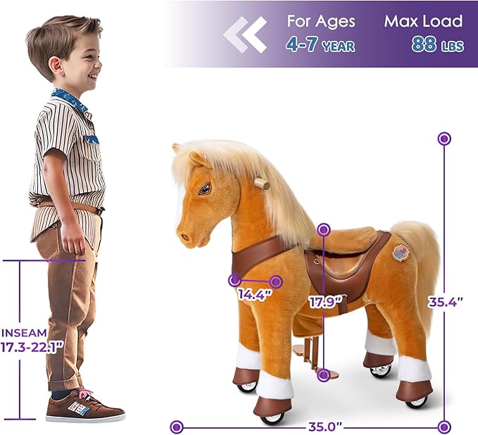 PonyCycle Ride on Horse Pony Toys Size 4 Plush Mechanical Advanced Model Y with Brake Riding Horse for Kids Ages 4-7, Birthday Gift for Boys and Girls Light Brown Y471