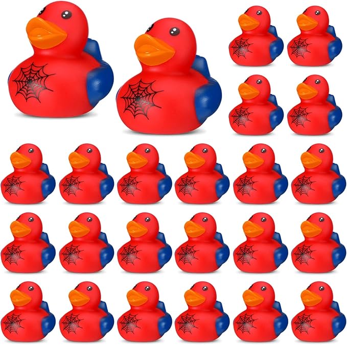 Leyndo 24 Pcs Spiderweb Rubber Duck Bulk Spiderweb Birthday Party Decoration Favors Squeaky Red Blue Duck for Bathtub Floating Pool Gifts Party Supplies