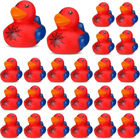 Leyndo 24 Pcs Spiderweb Rubber Duck Bulk Spiderweb Birthday Party Decoration Favors Squeaky Red Blue Duck for Bathtub Floating Pool Gifts Party Supplies