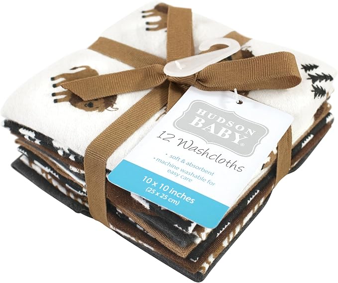 Hudson Baby Unisex Baby Flannel Cotton Washcloths, Wild Buffalo 12 Pack, One Size